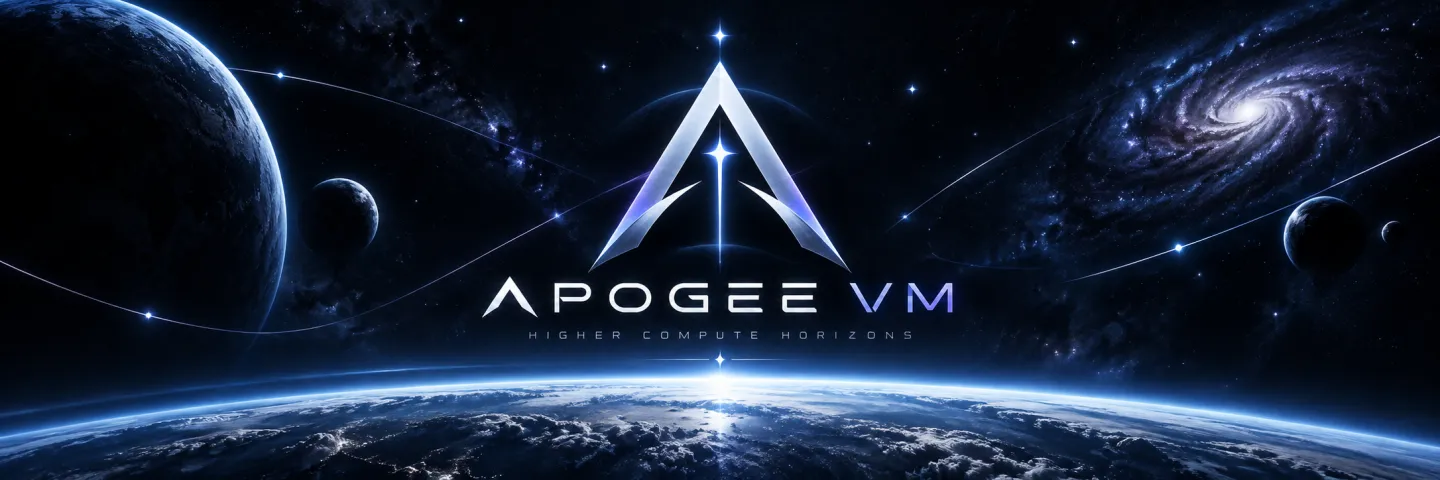 Apogee VM key art: the Apogee emblem rising over a planet's horizon, with the words Higher Compute Horizons